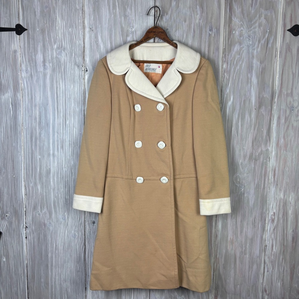 VTG Fred Rothschild Coat Womens S Tan Cream Double Breasted Mod‎ Pleated Cottage